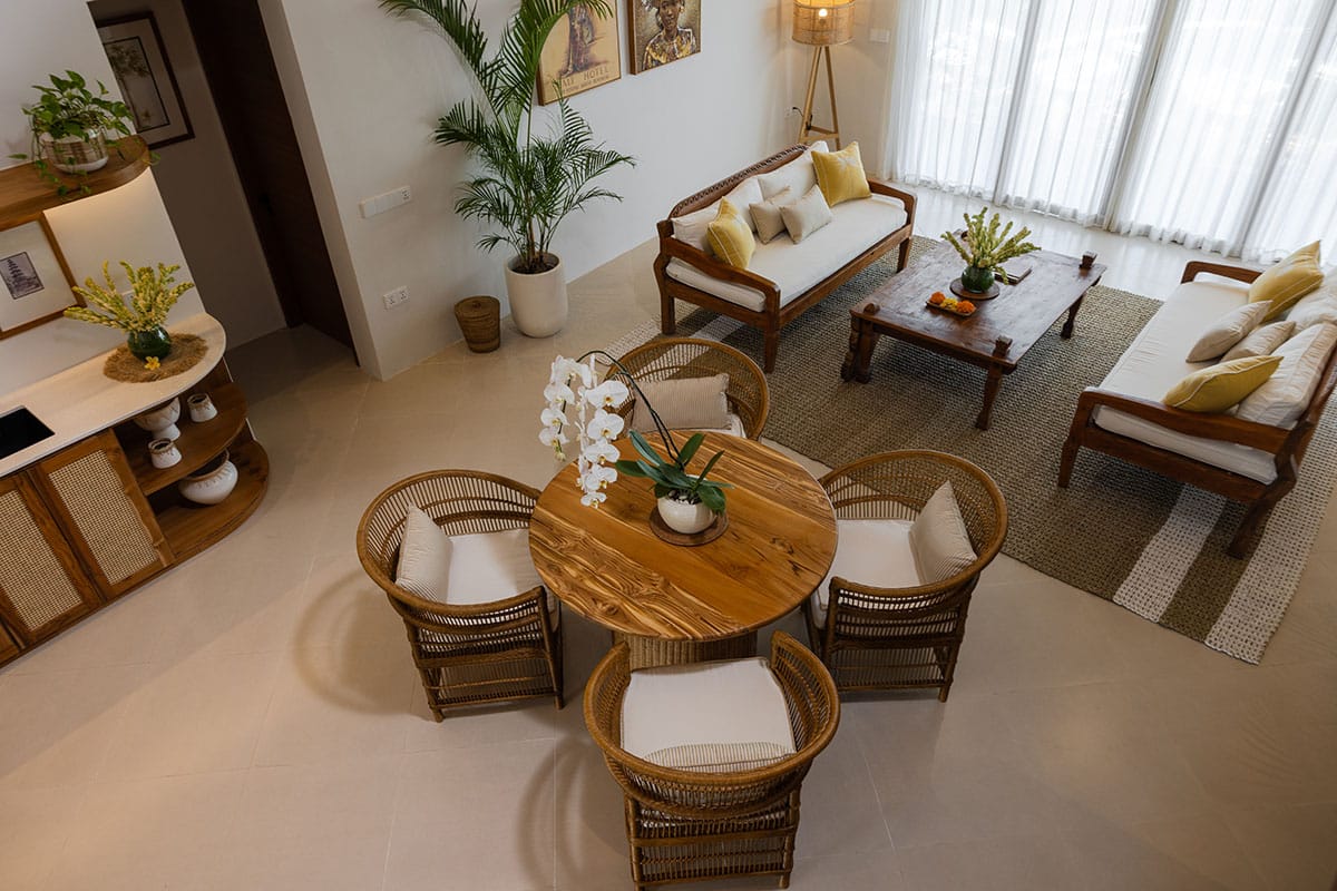 Gaia Living Room at a serene Bali retreat in Ubud, featuring tropical design and tranquil ambiance