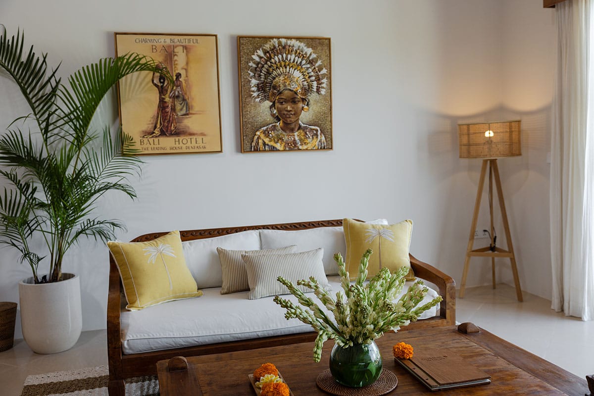 Gaia Living Room at a Bali Retreat in Ubud, featuring a cozy, serene space with natural wood furniture, lush greenery, and a tranquil atmosphere perfect for relaxation and reflection
