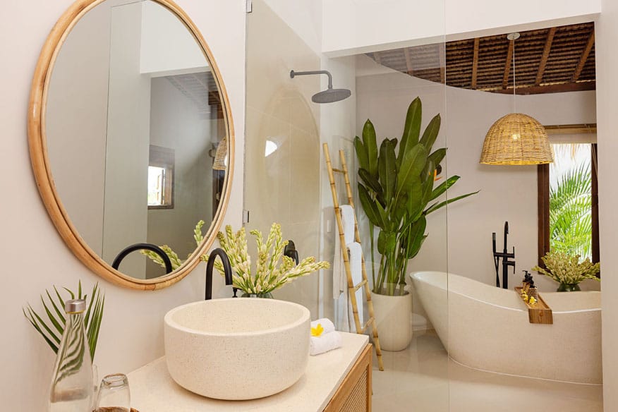 Gaia Room interior at luxury Bali retreat in Ubud – tropical decor, natural wood accents, and serene setting for a wellness getaway