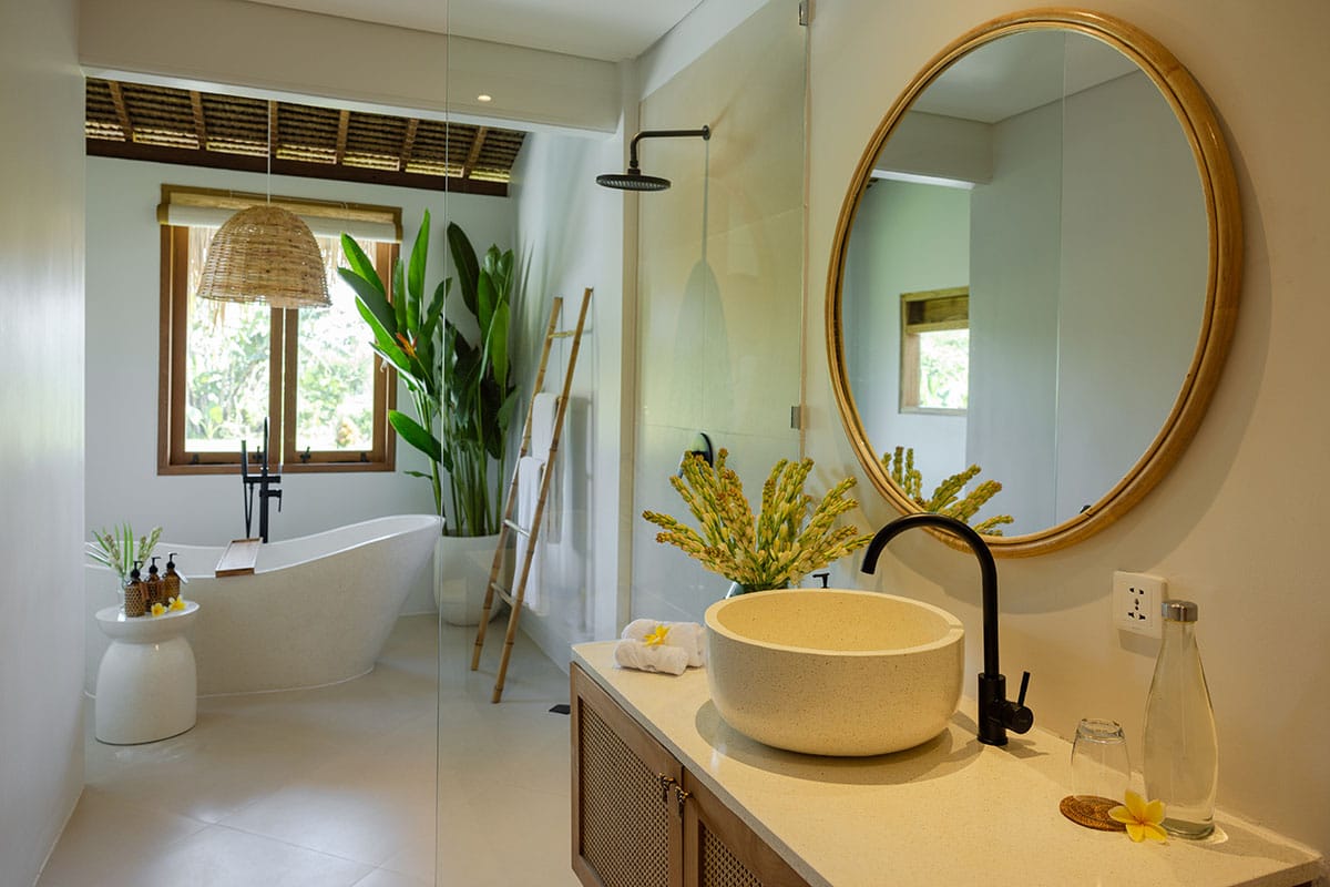 Luxurious Gaia Premium bathroom at our Bali Retreat in Ubud, offering a serene and elegant space to unwind