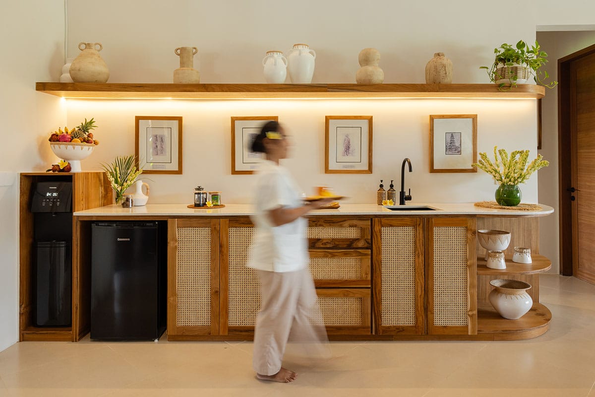 Gaia Room interior at luxury Bali retreat in Ubud – tropical decor, natural wood accents, and serene setting for a wellness getaway