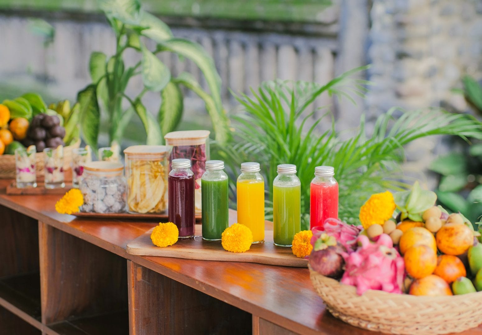 Detox drink, fruits, snack in one table