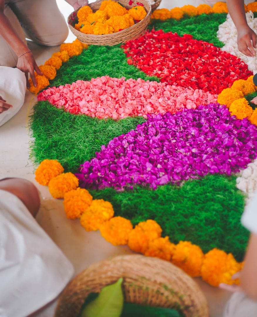 Creating a Vibrant Flower Mandala During a Women's Yoga Retreat in Bali